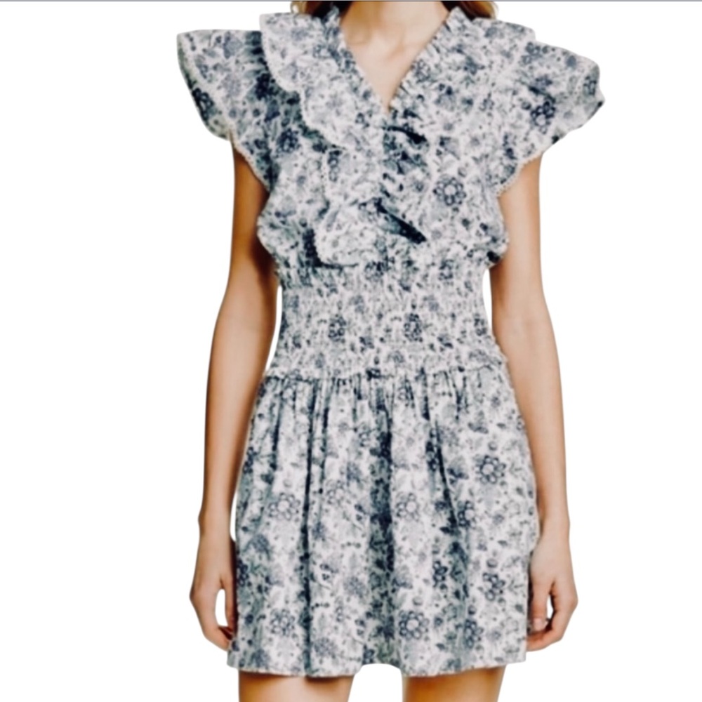 LA VIE Blue Lavender Floral Ruffle Smocked Drop Waist Flutter Sleeve Mini Dress